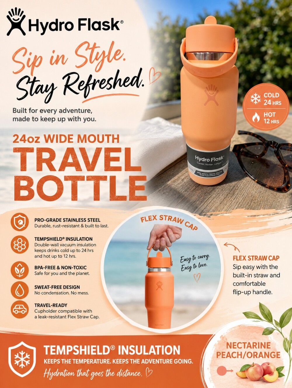 Hydro Flask 24 oz Wide Mouth Travel Bottle with Flex Straw Cap